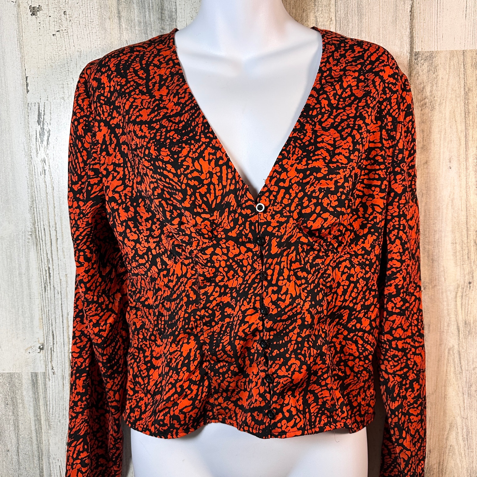 The Fifth Label Blouse 8 | Orange & Black Abstract | Button Front | Msrp $88
